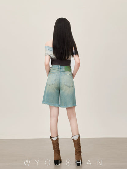 062 Wang Youshan denim shorts women's high-waisted summer loose wide-leg shorts thin mid-length straight pants