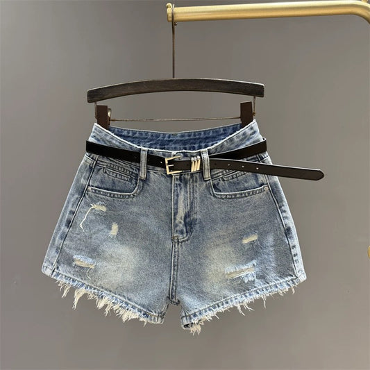 Retro light blue ripped raw edge denim shorts for women 2025 summer high waist hot girl slim all-match wide leg hot pants