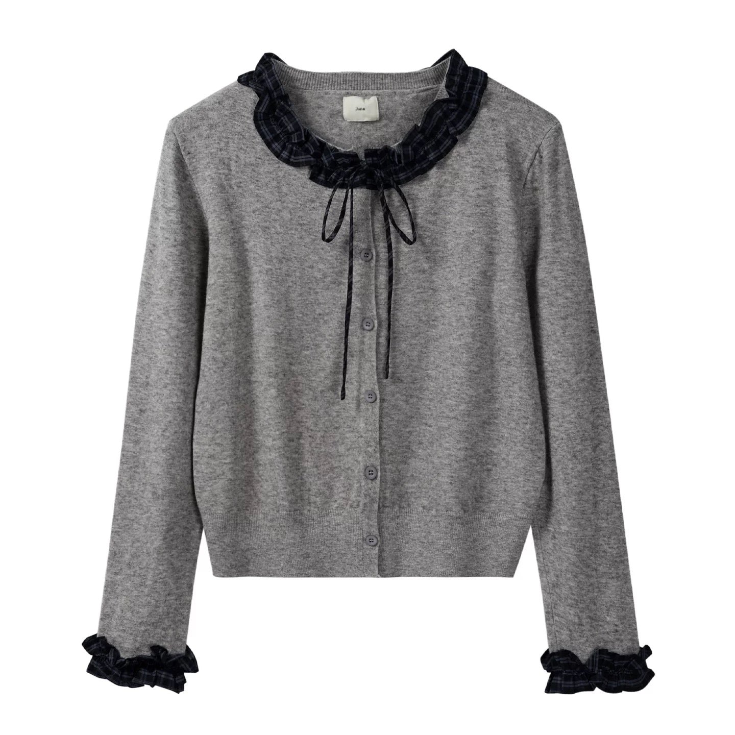 Women's Autumn New Arrival Sweet Casual Versatile Top with Plaid Lace Trim and Tie