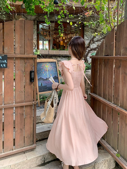 Zeng Xiaoxian Gentle Rose Pink Ruffle Dress Women's New French Square Neck Small Flying Sleeves Slim Long Dress