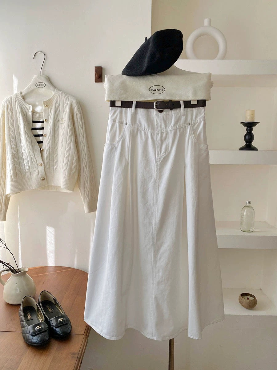 High-end retro high-waisted workwear washed cotton skirt with belt autumn high-waisted A-line hip-covering niche long skirt umbrella skirt