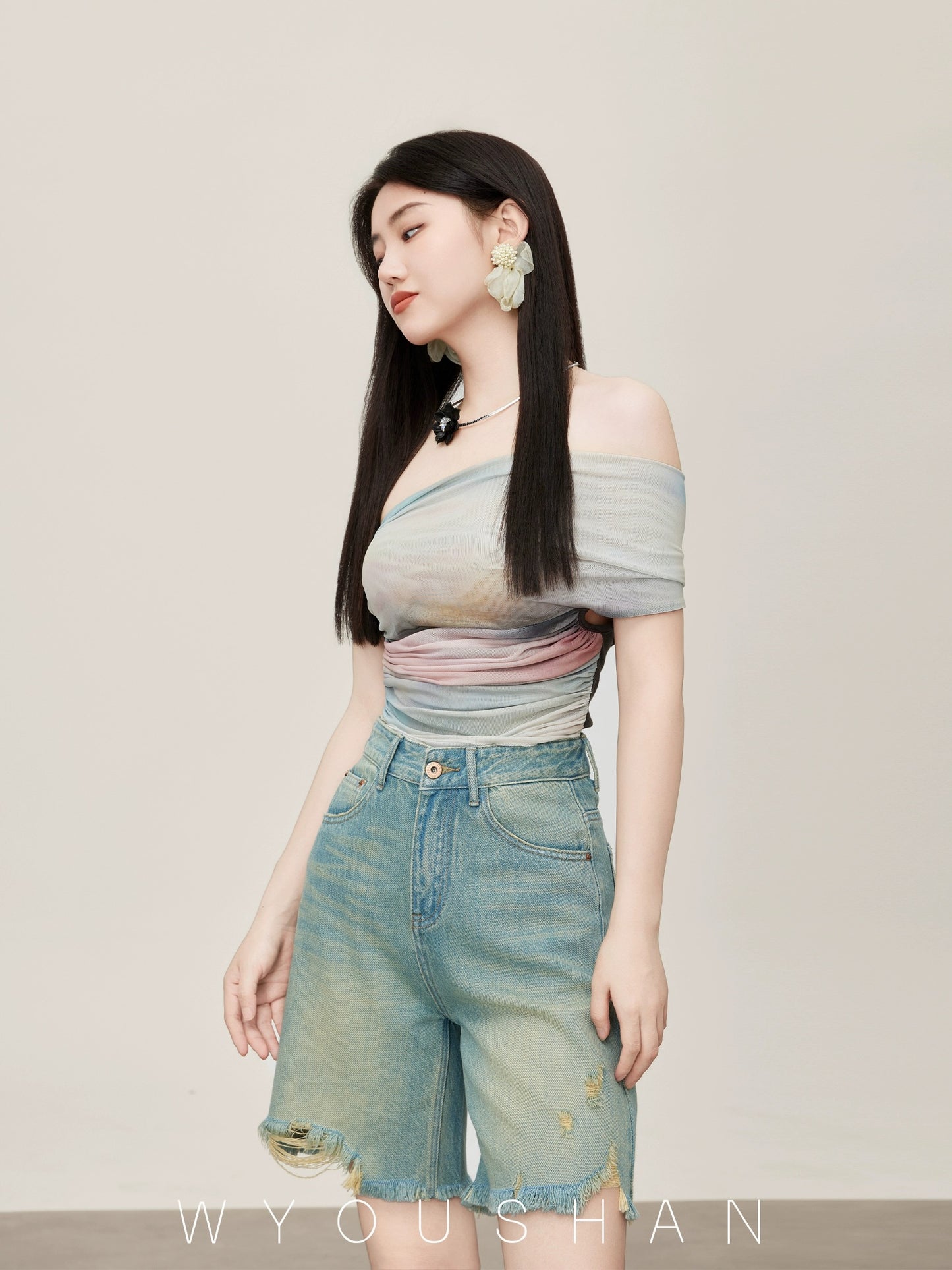 062 Wang Youshan denim shorts women's high-waisted summer loose wide-leg shorts thin mid-length straight pants