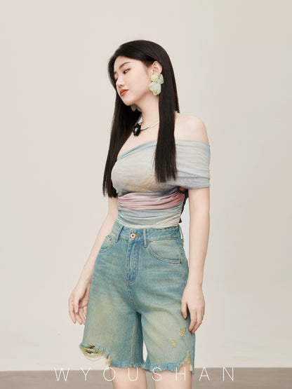 062 Wang Youshan denim shorts women's high-waisted summer loose wide-leg shorts thin mid-length straight pants