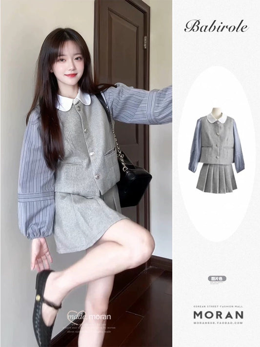 Korean chic college style early spring outfit three-piece sweet baby doll collar shirt vest short skirt suit for women