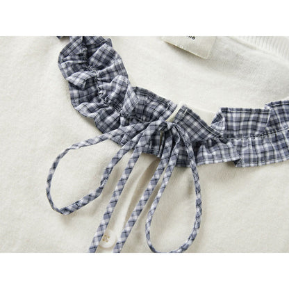 Women's Autumn New Arrival Sweet Casual Versatile Top with Plaid Lace Trim and Tie