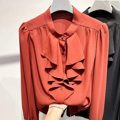 2024 new Korean temperament stand collar ruffled solid color pullover long sleeve chiffon shirt female spring thin top