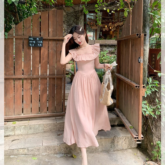 Zeng Xiaoxian Gentle Rose Pink Ruffle Dress Women's New French Square Neck Small Flying Sleeves Slim Long Dress