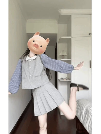 Korean chic college style early spring outfit three-piece sweet baby doll collar shirt vest short skirt suit for women