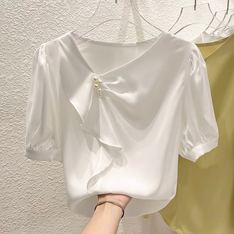 2023 new Korean temperament slim collar irregular pleated beaded pullover short-sleeved chiffon shirt female summer