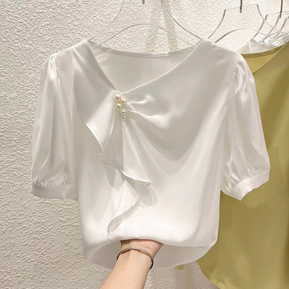 2023 new Korean temperament slim collar irregular pleated beaded pullover short-sleeved chiffon shirt female summer
