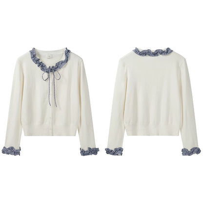 Women's Autumn New Arrival Sweet Casual Versatile Top with Plaid Lace Trim and Tie