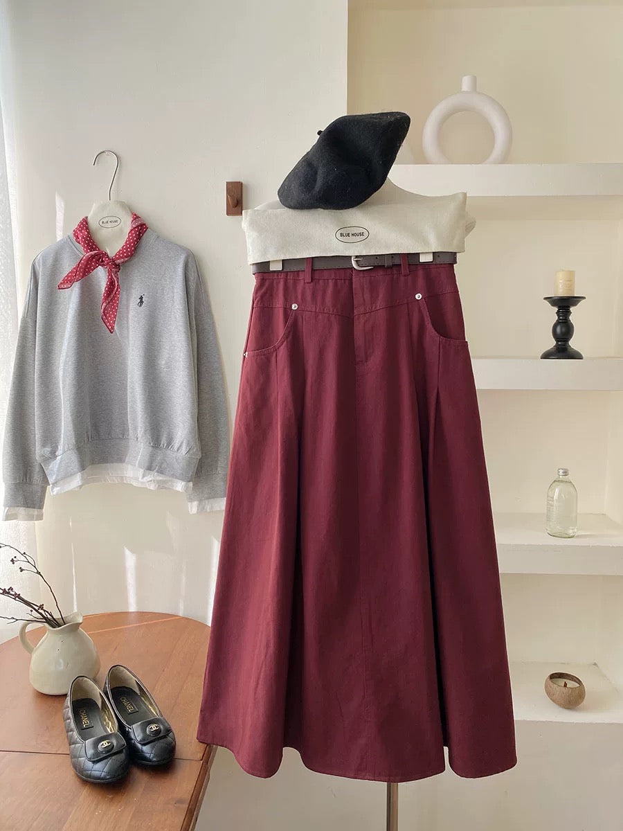 High-end retro high-waisted workwear washed cotton skirt with belt autumn high-waisted A-line hip-covering niche long skirt umbrella skirt