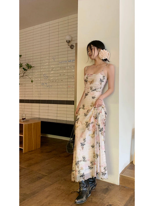Celebrity Hall suspender dress for women, summer temperament, tea break, French floral niche design, slim long skirt