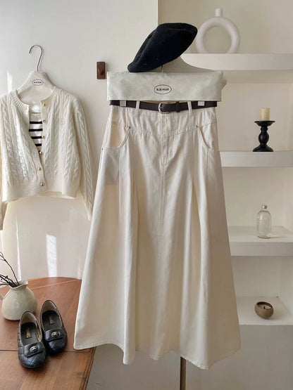 High-end retro high-waisted workwear washed cotton skirt with belt autumn high-waisted A-line hip-covering niche long skirt umbrella skirt