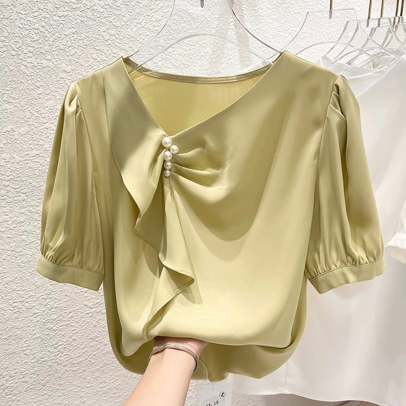 2023 new Korean temperament slim collar irregular pleated beaded pullover short-sleeved chiffon shirt female summer