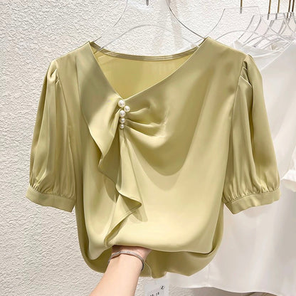 2023 new Korean temperament slim collar irregular pleated beaded pullover short-sleeved chiffon shirt female summer