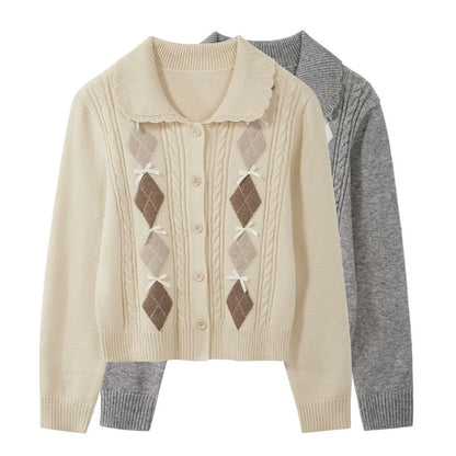 Korean-style relaxed short knit cardigan, new autumn/winter style cable knit diamond pattern bow Peter Pan collar sweater