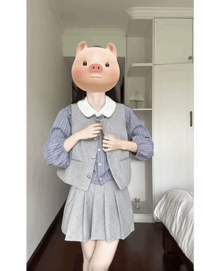 Korean chic college style early spring outfit three-piece sweet baby doll collar shirt vest short skirt suit for women
