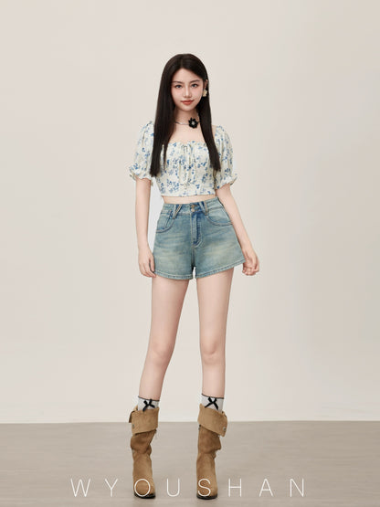 063 Wang Youshan Light Color Denim Shorts Women's Loose Summer High Waist Hot Pants New 2024 Thin A-Line Pants
