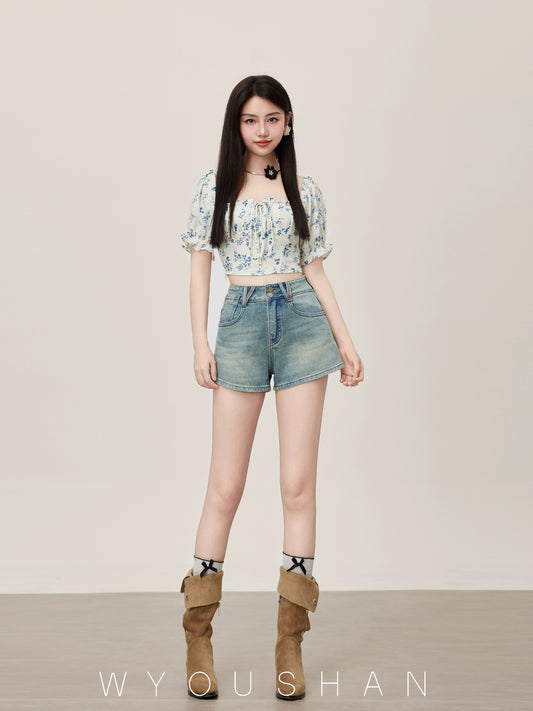 063 Wang Youshan Light Color Denim Shorts Women's Loose Summer High Waist Hot Pants New 2024 Thin A-Line Pants