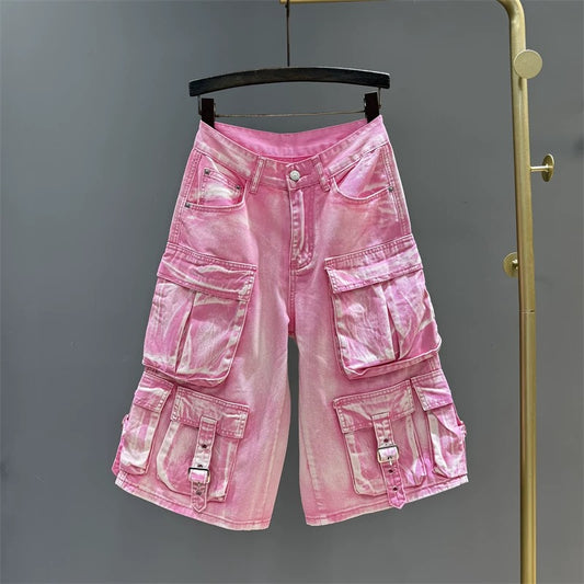 American high street multi-pocket workwear denim six-point pants for women trendy hot girls high waist loose wide-leg pants straight pants