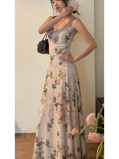 Celebrity Hall suspender dress for women, summer temperament, tea break, French floral niche design, slim long skirt