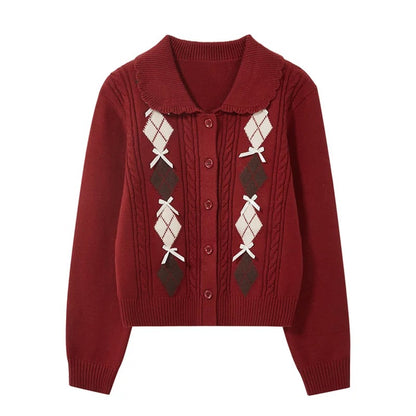 Korean-style relaxed short knit cardigan, new autumn/winter style cable knit diamond pattern bow Peter Pan collar sweater