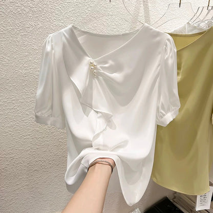 2023 new Korean temperament slim collar irregular pleated beaded pullover short-sleeved chiffon shirt female summer