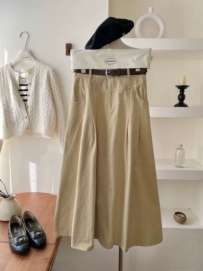 High-end retro high-waisted workwear washed cotton skirt with belt autumn high-waisted A-line hip-covering niche long skirt umbrella skirt