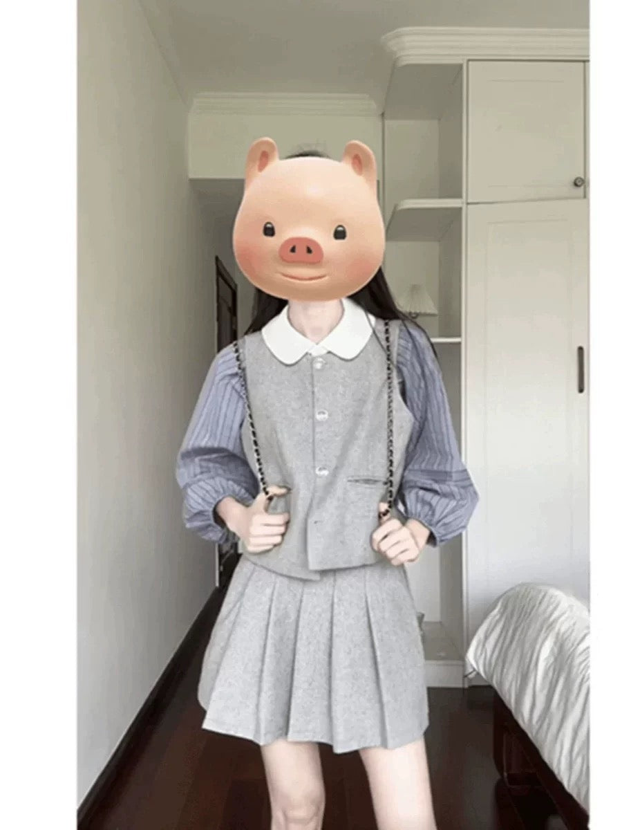 Korean chic college style early spring outfit three-piece sweet baby doll collar shirt vest short skirt suit for women