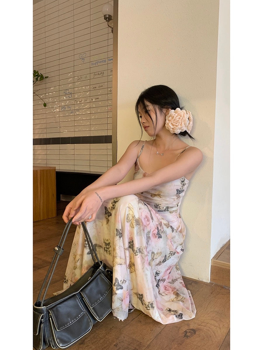 Celebrity Hall suspender dress for women, summer temperament, tea break, French floral niche design, slim long skirt