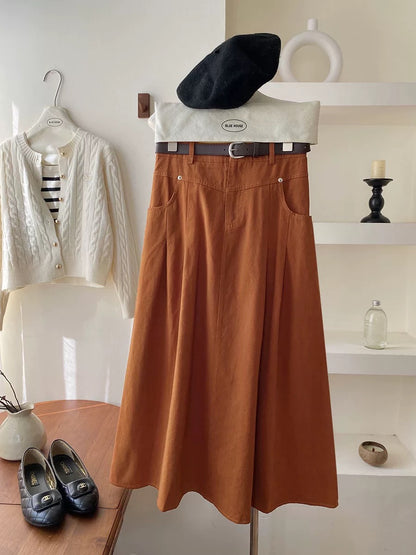 High-end retro high-waisted workwear washed cotton skirt with belt autumn high-waisted A-line hip-covering niche long skirt umbrella skirt