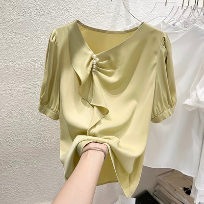 2023 new Korean temperament slim collar irregular pleated beaded pullover short-sleeved chiffon shirt female summer