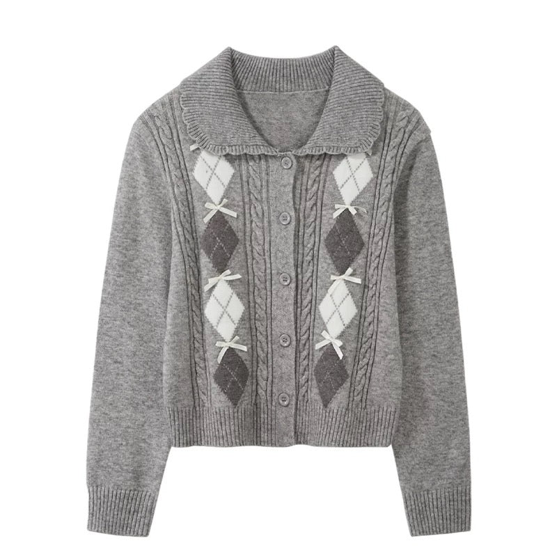 Korean-style relaxed short knit cardigan, new autumn/winter style cable knit diamond pattern bow Peter Pan collar sweater