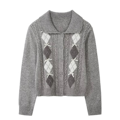 Korean-style relaxed short knit cardigan, new autumn/winter style cable knit diamond pattern bow Peter Pan collar sweater