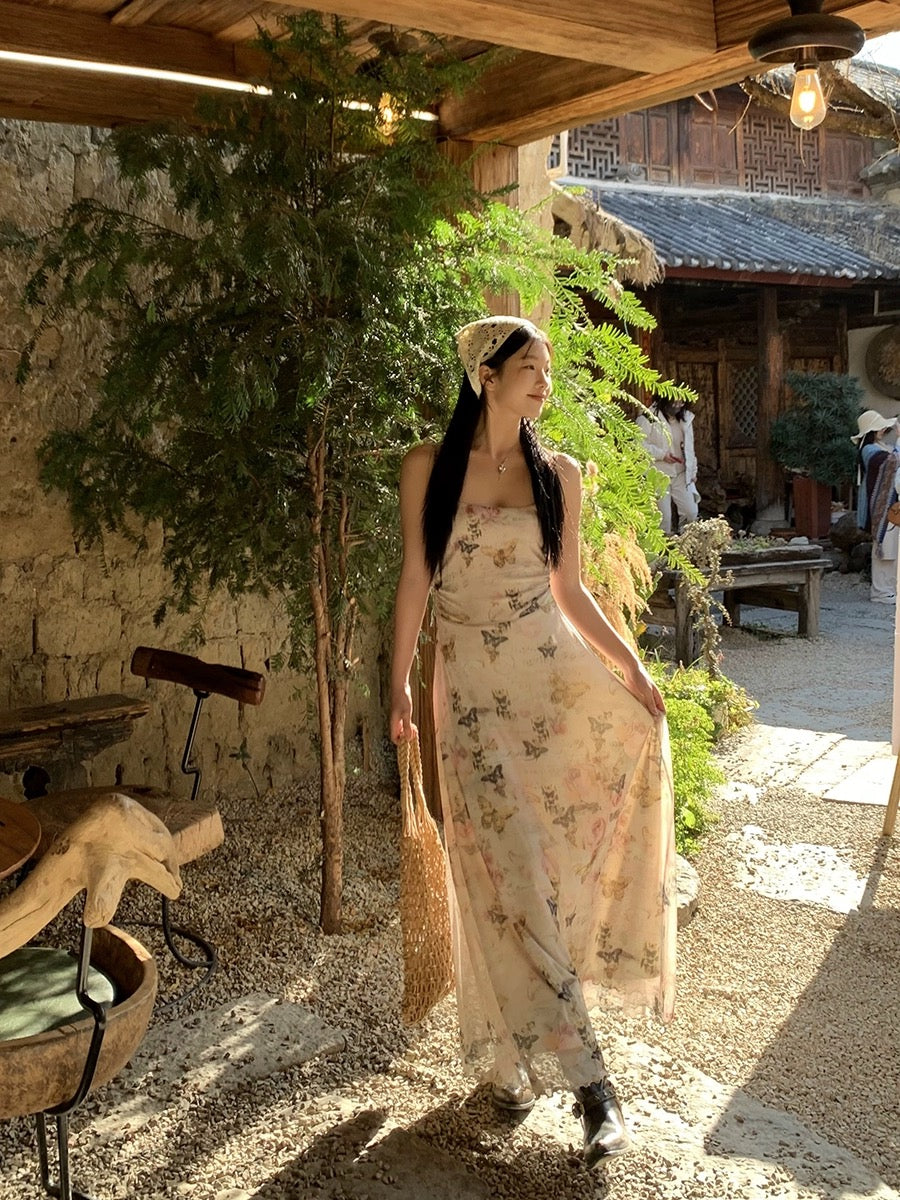 Celebrity Hall suspender dress for women, summer temperament, tea break, French floral niche design, slim long skirt