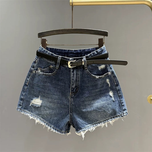 Retro dark blue ripped raw edge denim shorts for women 2025 summer high waist hot girl slim all-match wide leg hot pants