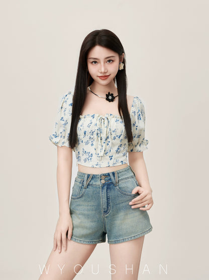 063 Wang Youshan Light Color Denim Shorts Women's Loose Summer High Waist Hot Pants New 2024 Thin A-Line Pants