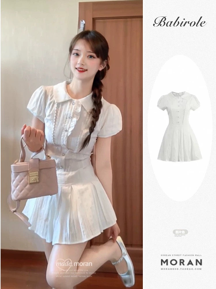 College Style First Love Date White Dress Women's Summer Puff Sleeve Waist A-Line Pleated Skirt Sweet and Spicy for Small People