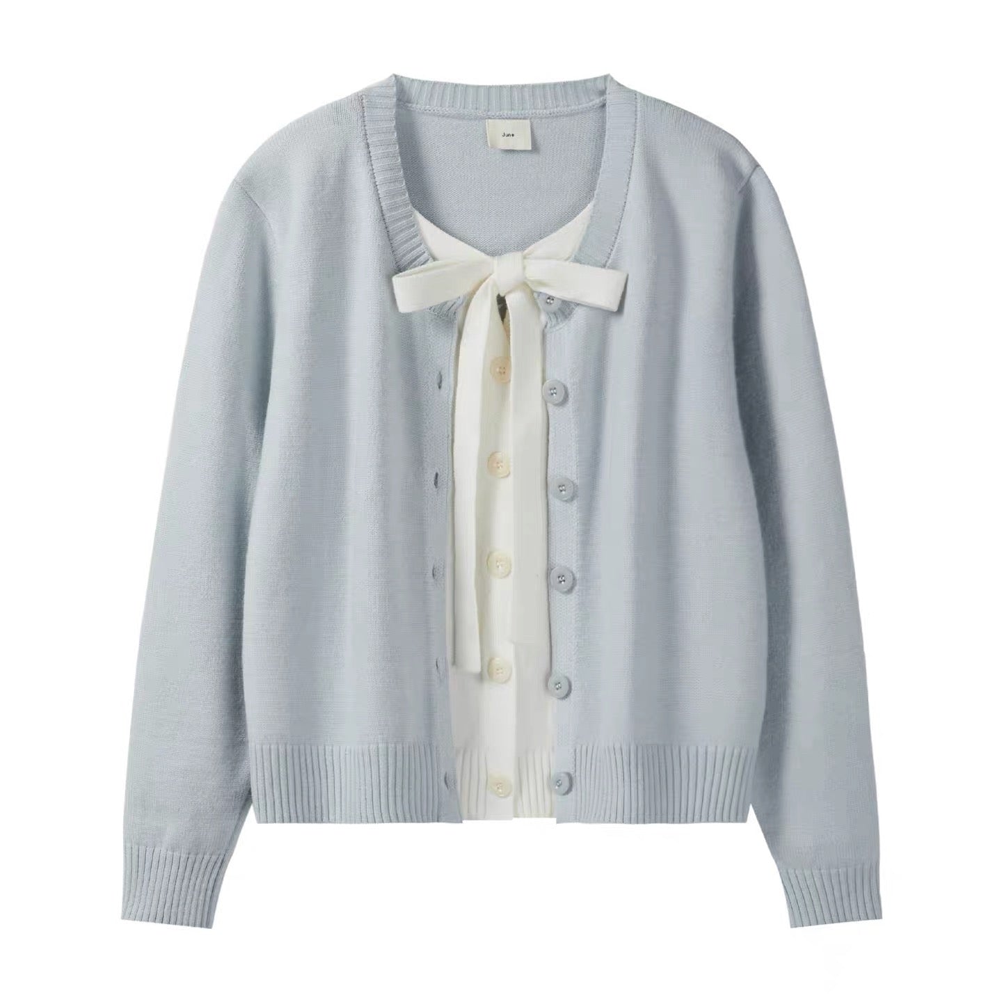 Color-blocked patchwork tie-up faux two-piece sweater, new winter style, Korean gentle and versatile long-sleeved top for women.