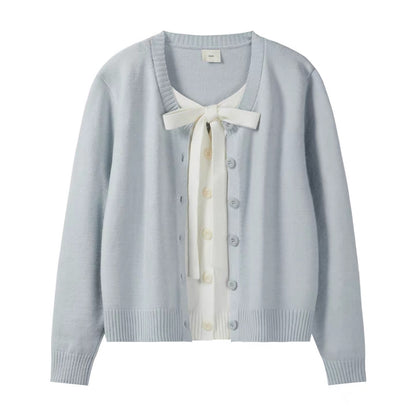 Color-blocked patchwork tie-up faux two-piece sweater, new winter style, Korean gentle and versatile long-sleeved top for women.