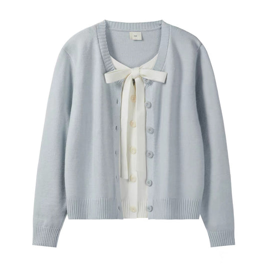 Color-blocked patchwork tie-up faux two-piece sweater, new winter style, Korean gentle and versatile long-sleeved top for women.