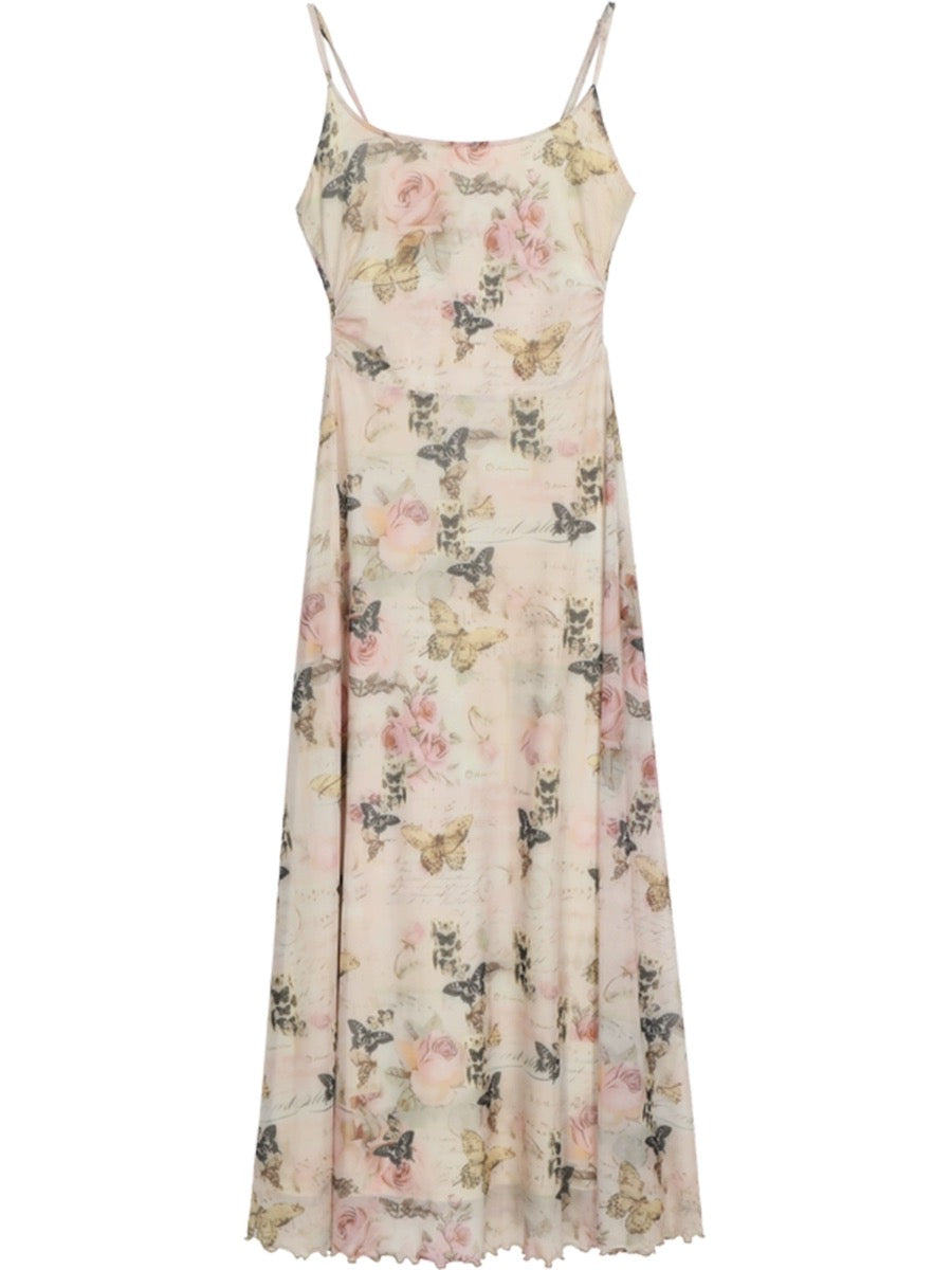 Celebrity Hall suspender dress for women, summer temperament, tea break, French floral niche design, slim long skirt