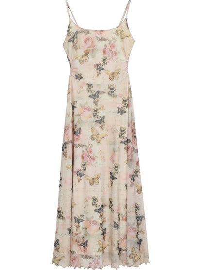 Celebrity Hall suspender dress for women, summer temperament, tea break, French floral niche design, slim long skirt