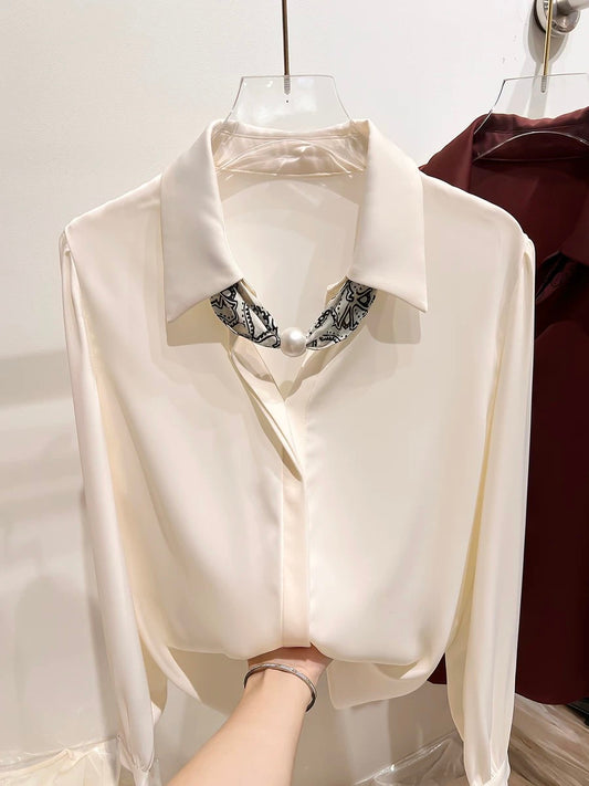 2024 new lapel silk scarf long-sleeved solid color chiffon shirt slim satin stylish top French autumn temperament female