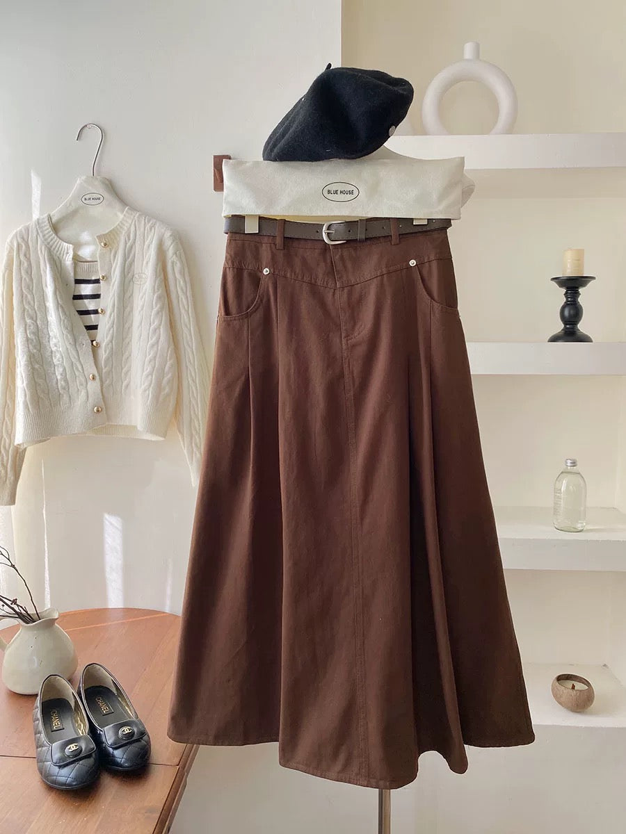 High-end retro high-waisted workwear washed cotton skirt with belt autumn high-waisted A-line hip-covering niche long skirt umbrella skirt
