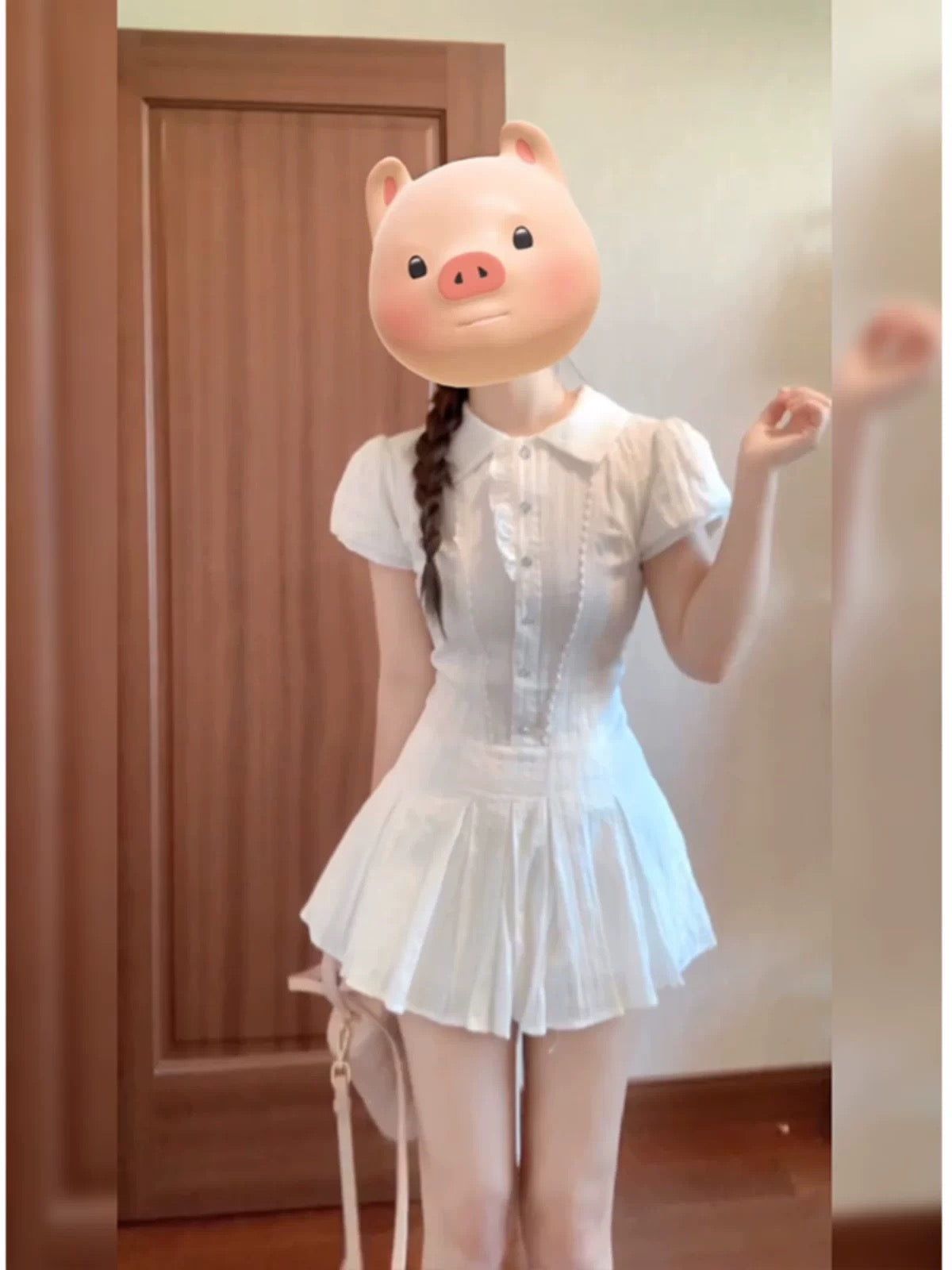 College Style First Love Date White Dress Women's Summer Puff Sleeve Waist A-Line Pleated Skirt Sweet and Spicy for Small People