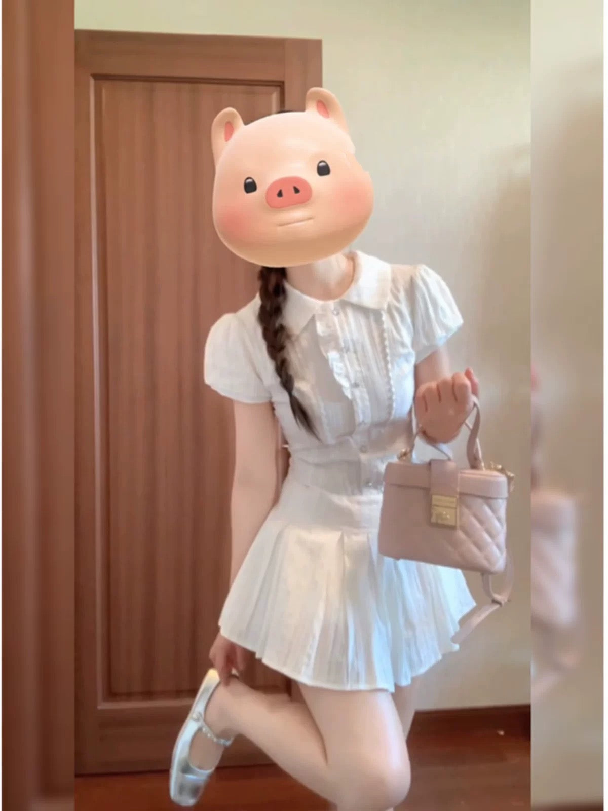 College Style First Love Date White Dress Women's Summer Puff Sleeve Waist A-Line Pleated Skirt Sweet and Spicy for Small People