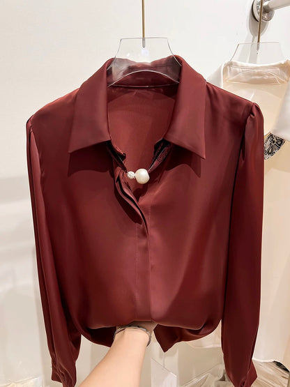 2024 new lapel silk scarf long-sleeved solid color chiffon shirt slim satin stylish top French autumn temperament female