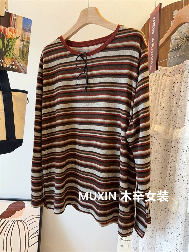 Colorful retro striped sanded soft autumn and winter casual loose simple women's long-sleeved inner T-shirt